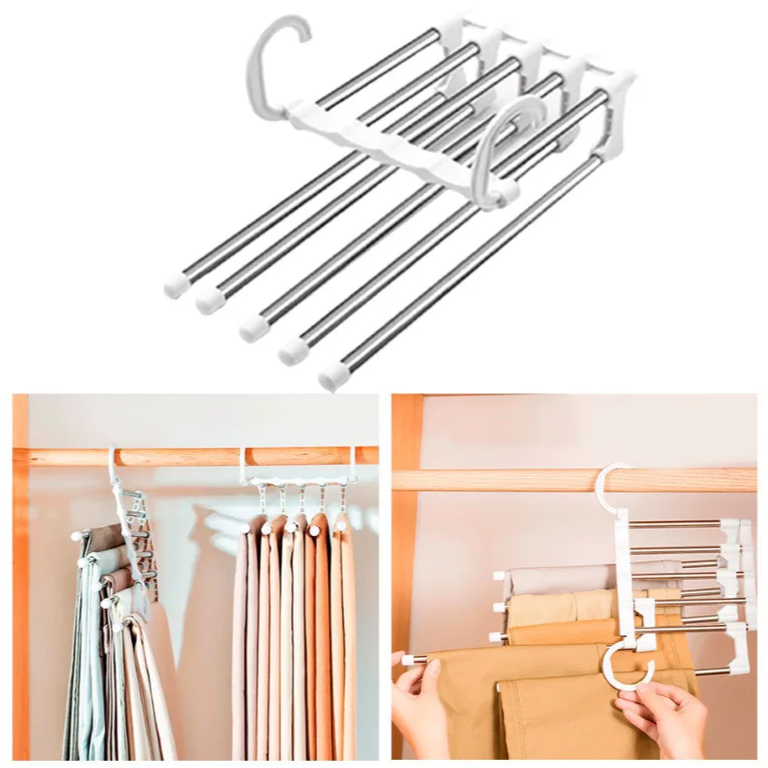 Cabide Organizador De Calças 5 Em 1 Inox Retrátil Multifuncional Com Hastes Deslizantes