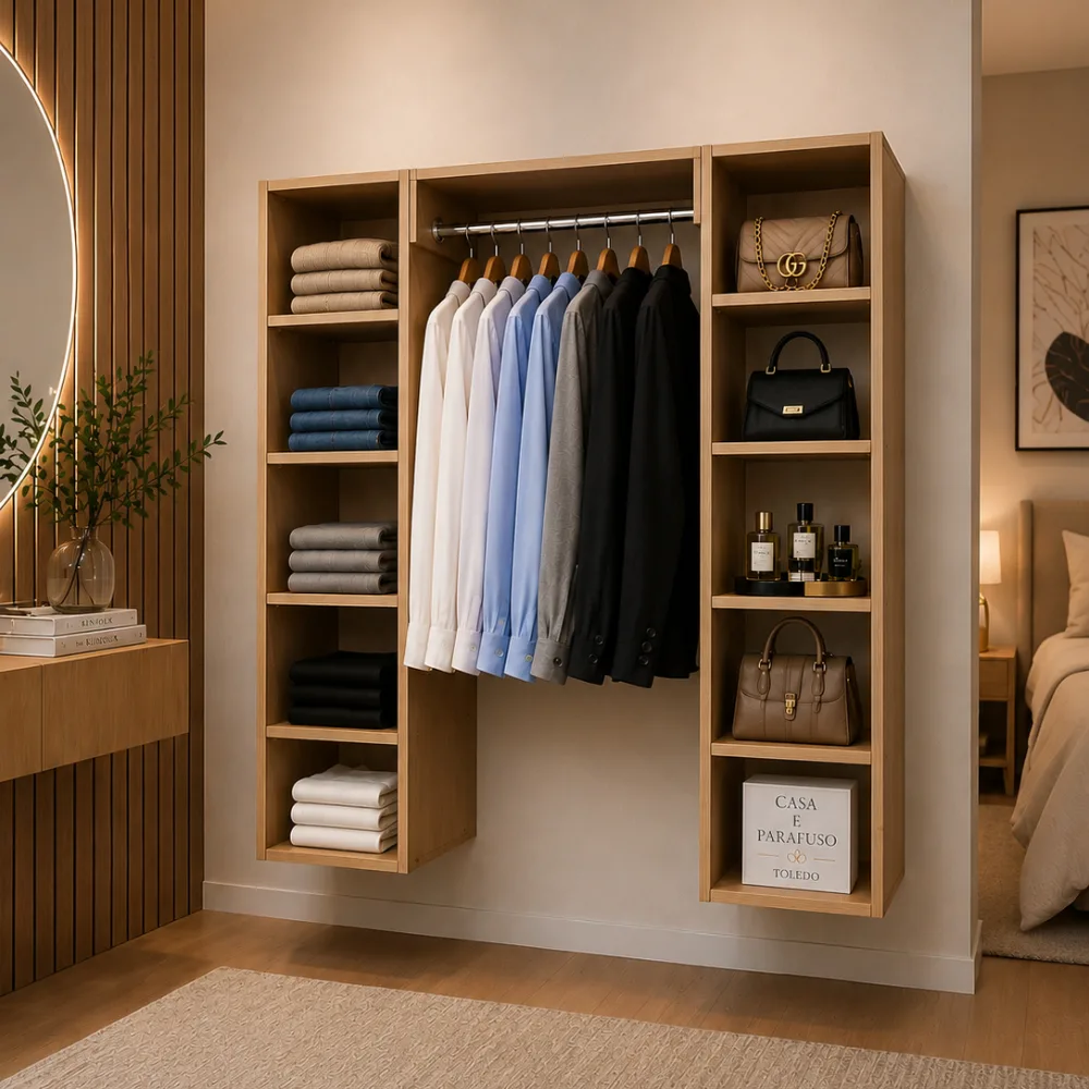 Closet com Estantes Laterais e Cabideiro – Organização e Praticidade para seu Quarto-88