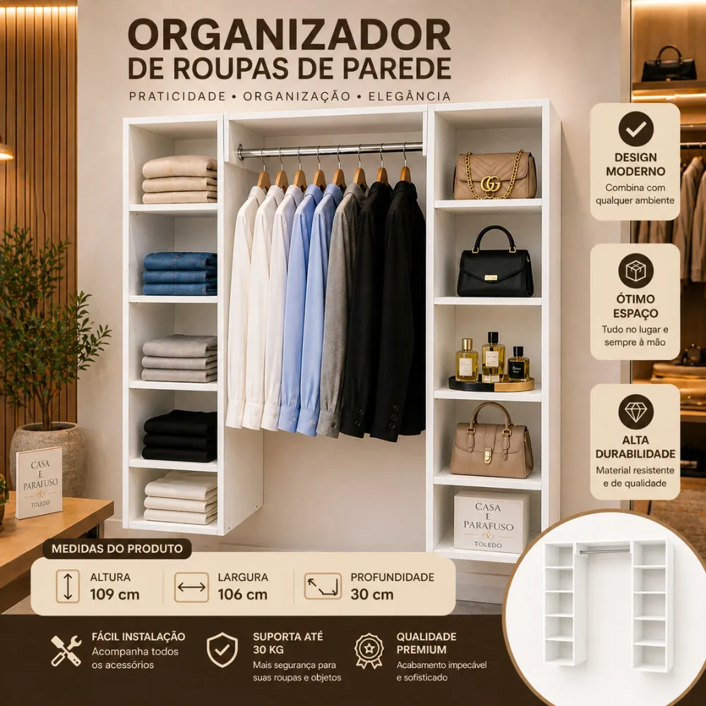 Closet Com Estantes Laterais e Cabideiro – Organização e Praticidade para seu Quarto- 88