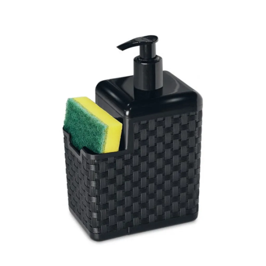 Dispenser suporte detergente rattan preto para pia cozinha com porta esponja bucha