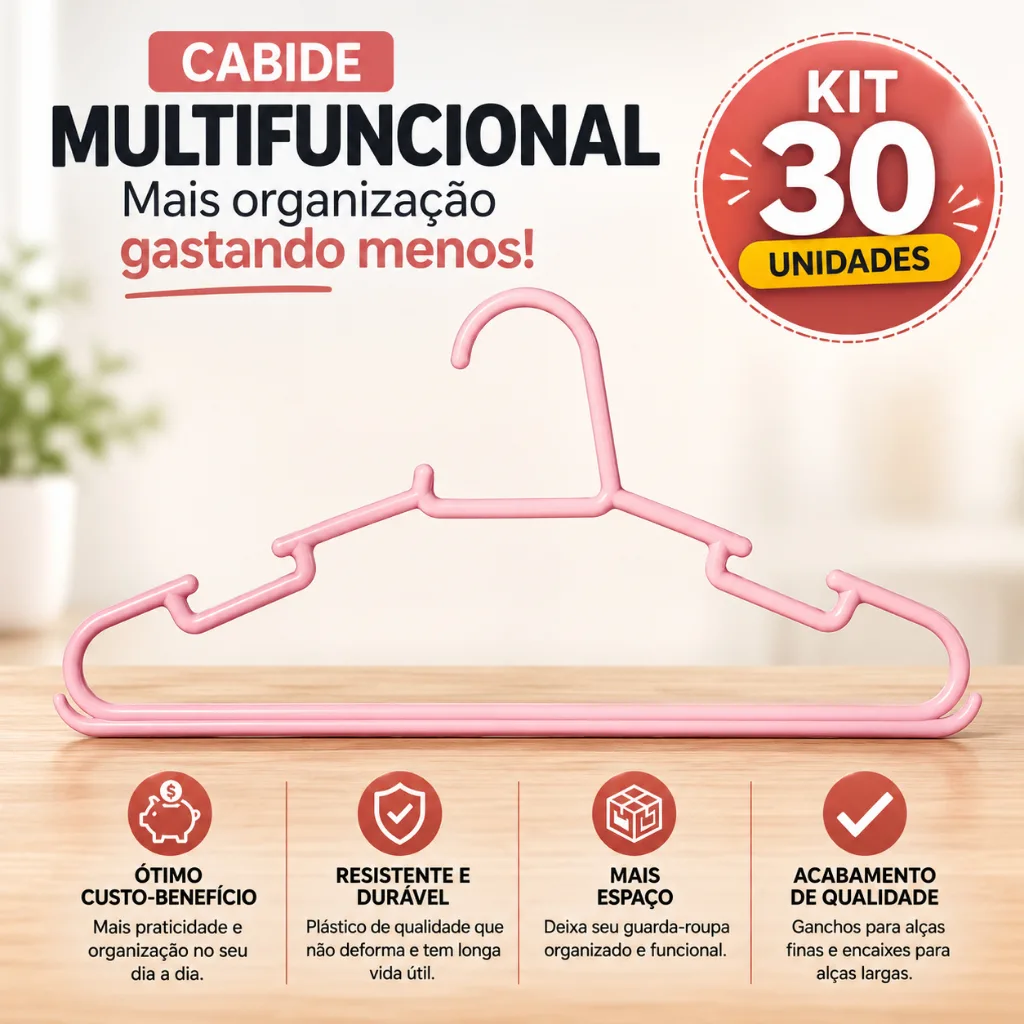 Kit 30 Cabides Rosa PP Slim Reforçados Resistente para Roupas Calças Saias Vestidos e Blusas Multifuncionais