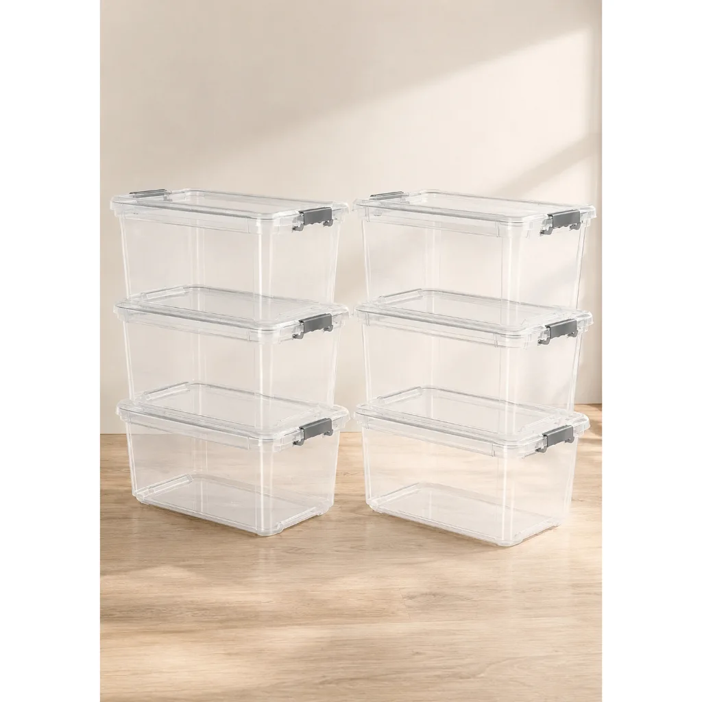 Kit 6 Caixa Organizadora Com Tampa e Trava Grande Tipo Conteiner 50L Transparente Branco Empilhável