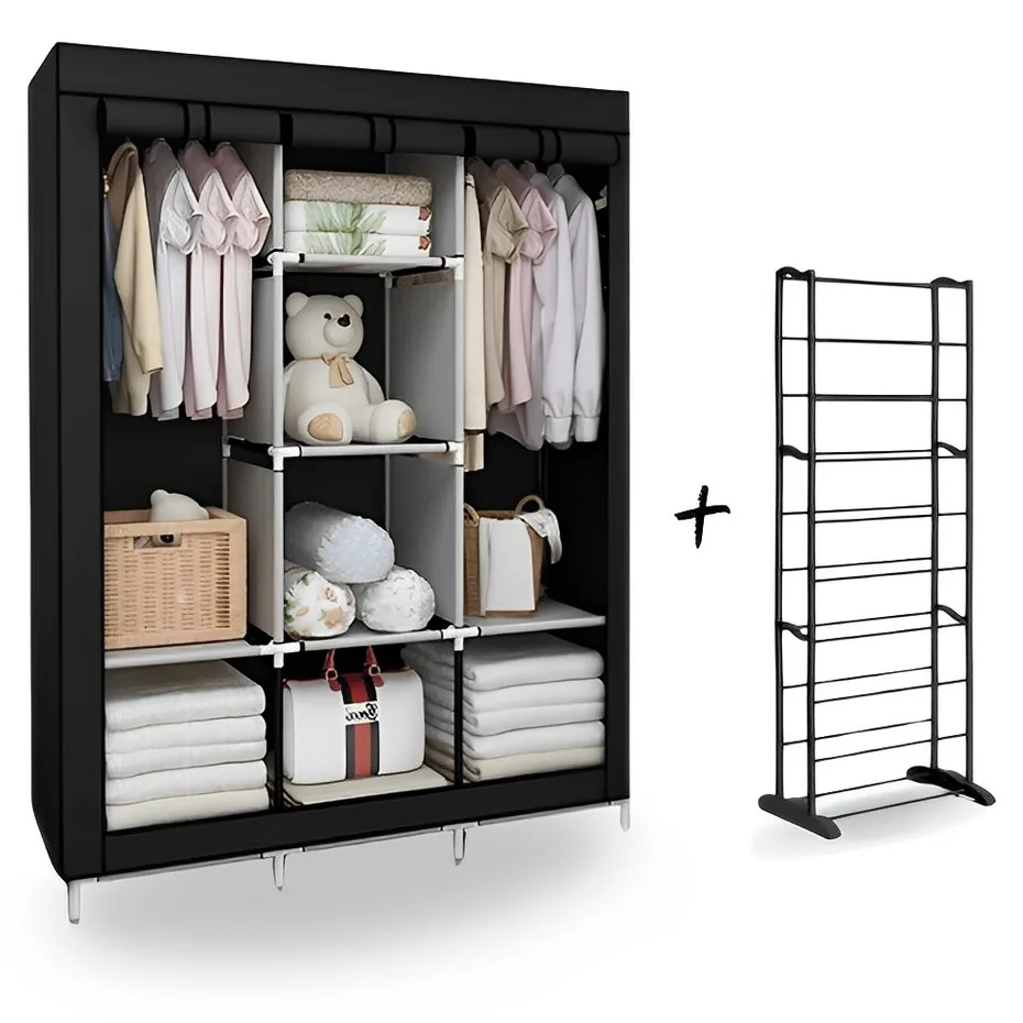 Kit Guarda-Roupa Portátil Dobrável Prateleiras + Sapateira Vertical 30 Pares Organizador Casa Utilidade Organização