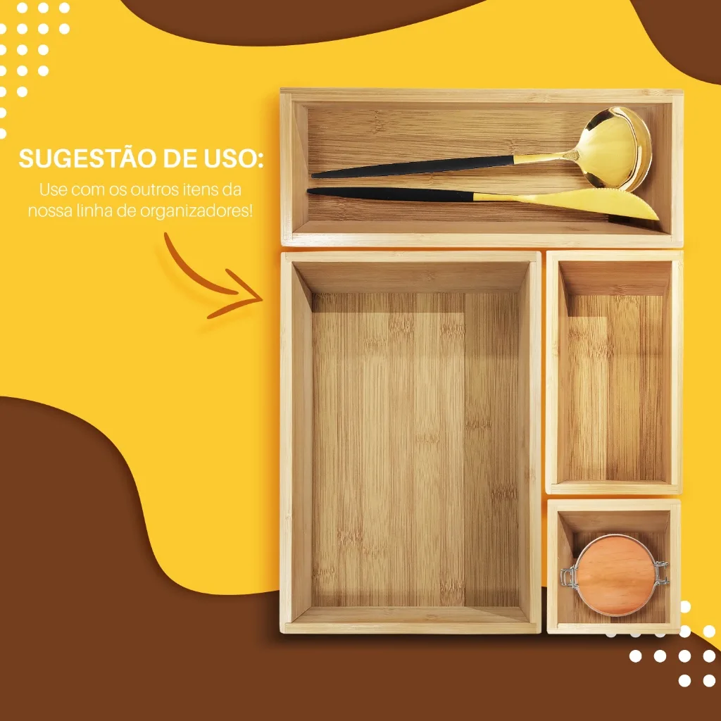 Organizador de Gaveta Bambu Modular Ajustável para Talheres e Utensílios