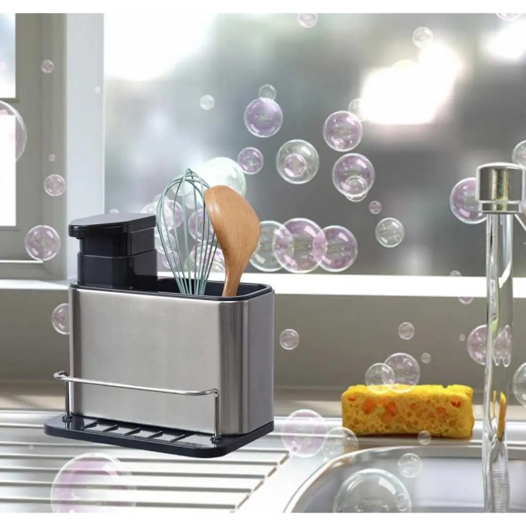 Organizador de Pia com Dispenser de Detergente e Suporte para Esponja e Escova – Aço Inox