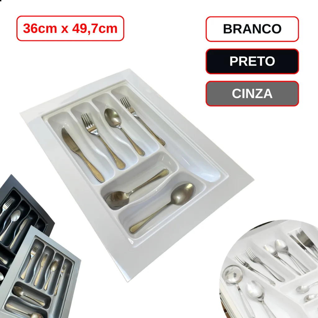 Organizador De Talheres Gaveta Ajustável OG-05 Branco Cinza Preto 360x497mm Moldplast Divisor Talher
