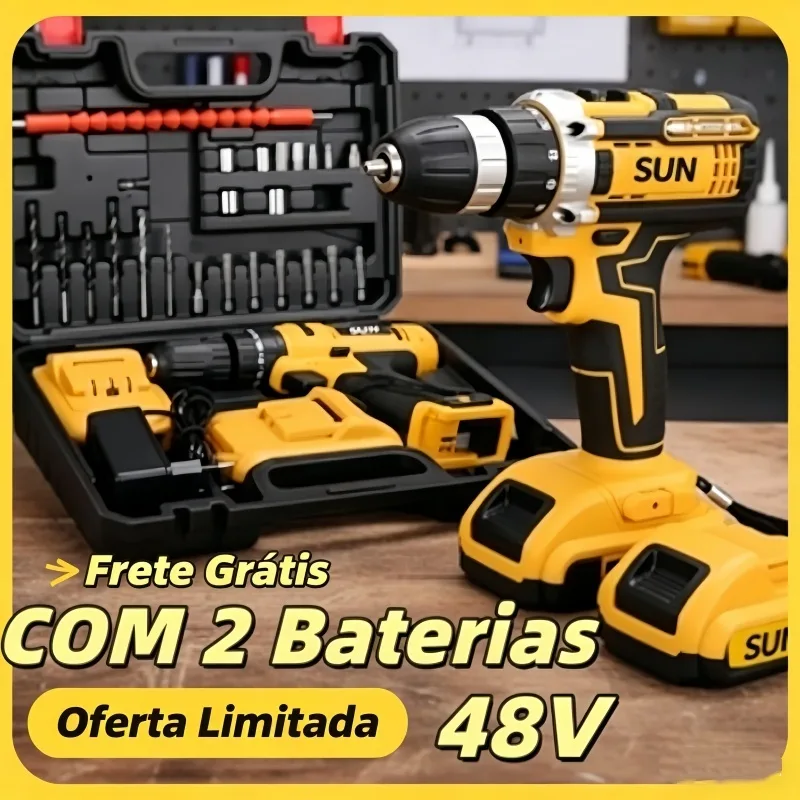 Parafusadeira Furadeira 48V 1/2 Bateria 3 funções de Elétrica Sem Fio Impacto Completo Acessórios