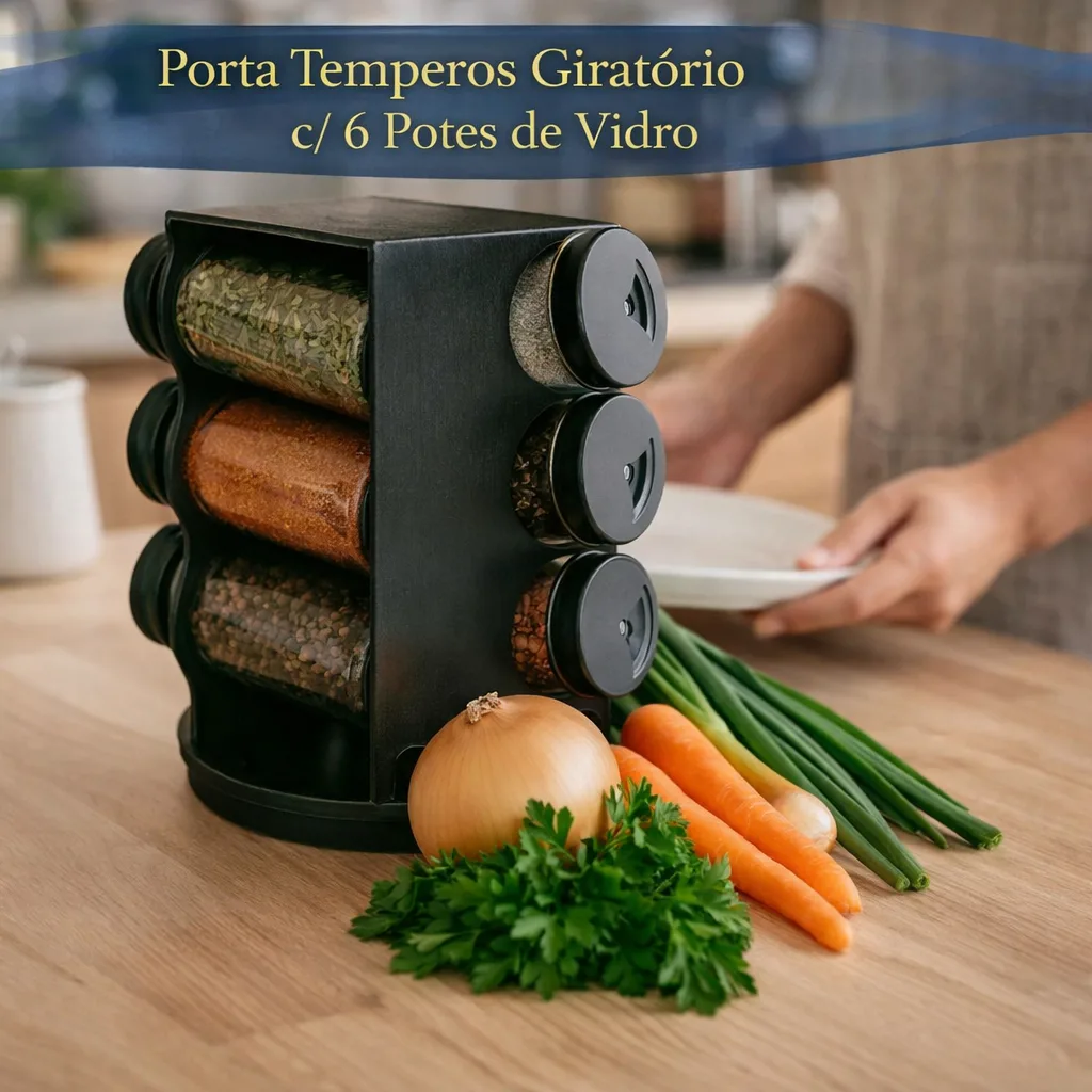 Porta Condimentos Giratorio Plastico Preto 6 Potes de Vidro 80ml tempero Organizacao Cozinha