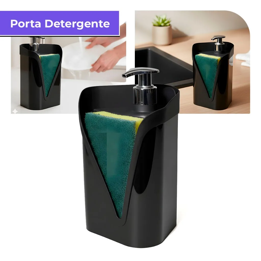Porta Detergente 500ml com Suporte para Esponja Dispenser Tampa Click Pia Cozinha