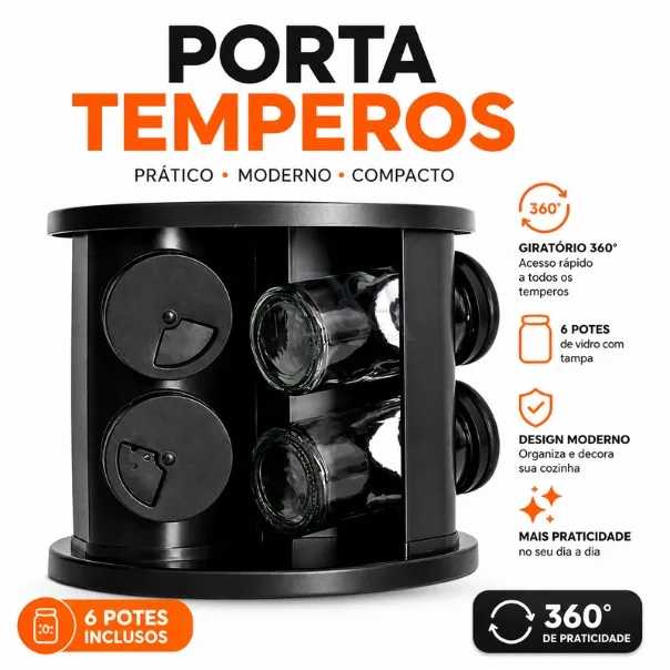 Porta Temperos Giratório 360° c/ 6 Potes Vidro Organizador Cozinha Compacto Premium