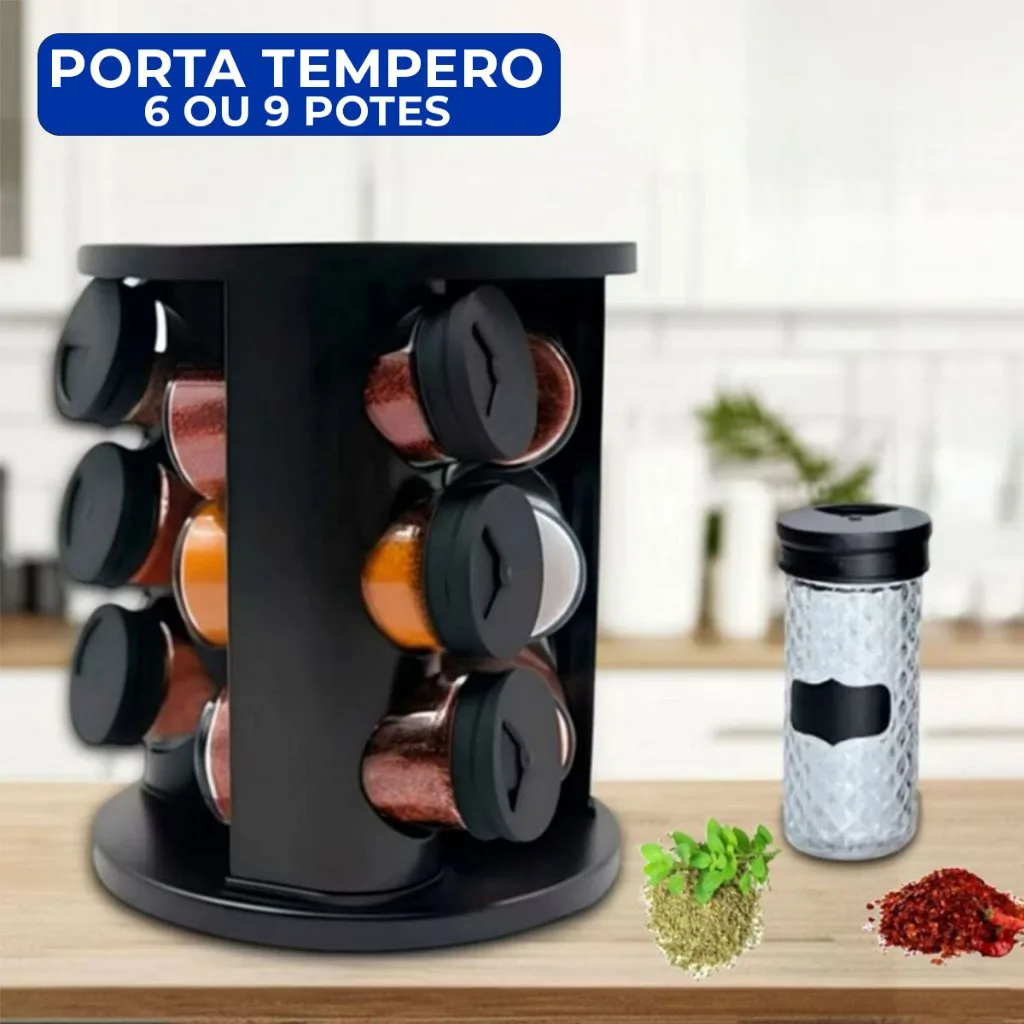 Porta Temperos Giratório 6 ou 9 Potes Vidro 90g Tampa Dosadora Etiquetas Adesiva Organizador Cozinha