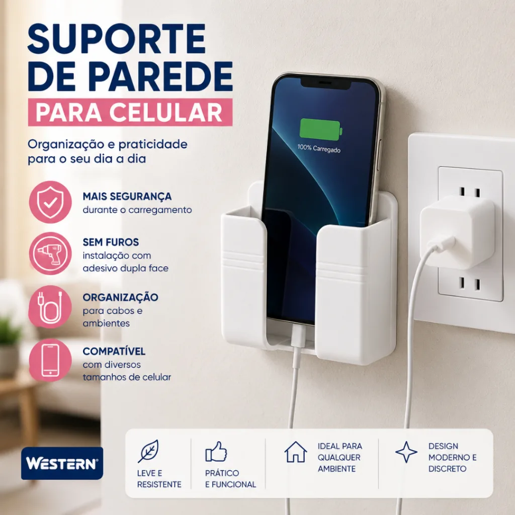 Suporte De Celular Com Adesivo Para Gruda Na Parede Fixação em Móvel Cozinha Banheiro Plástico Porta