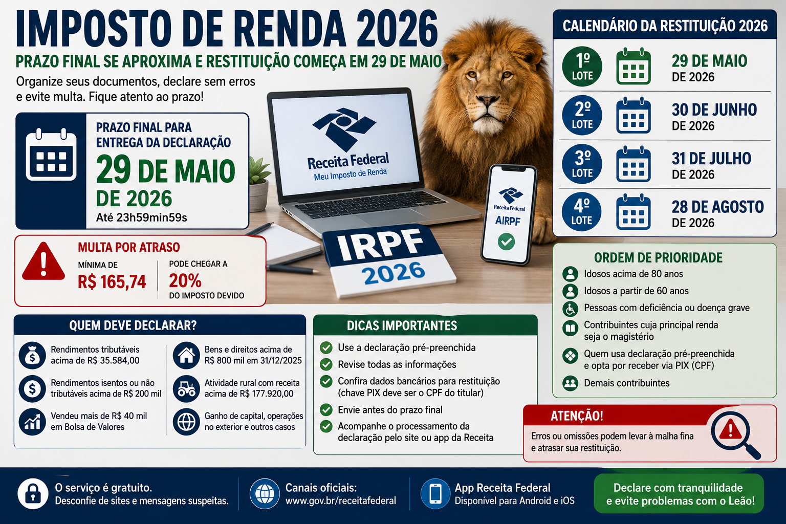 Imposto de Renda 2026: prazo final se aproxima e restituição começa em 29 de maio